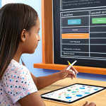 **A classroom scene showcasing AI-powered personalized learning. A teacher is interacting with a student while an AI interface displays a customized lesson plan based on the student's individual needs. Emphasize the blend of human interaction and technology.**