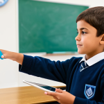 A child, approximately 8-10 years old, fully clothed in modest school attire, deeply focused in a bright, modern classroom setting in Lisbon. The child is holding a tablet, and a vibrant, semi-transparent 3D geometric shape (like a cube or pyramid) is virtually projected into the air above the tablet, which the child appears to be "manipulating" with a gentle gesture. The classroom is clean, well-lit, with other students blurred in the background, also engaged. The atmosphere is calm and conducive to learning. Natural pose, perfect anatomy, correct proportions, well-formed hands, proper finger count, natural body proportions. High-quality professional photograph, realistic style, soft natural lighting, vibrant colors, clear details. Safe for work, appropriate content, fully clothed, modest clothing, family-friendly.
