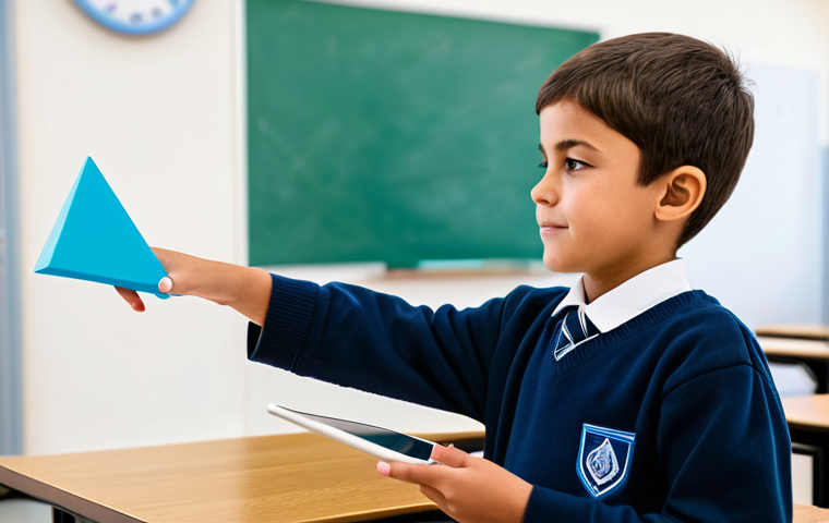 A child, approximately 8-10 years old, fully clothed in modest school attire, deeply focused in a bright, modern classroom setting in Lisbon. The child is holding a tablet, and a vibrant, semi-transparent 3D geometric shape (like a cube or pyramid) is virtually projected into the air above the tablet, which the child appears to be "manipulating" with a gentle gesture. The classroom is clean, well-lit, with other students blurred in the background, also engaged. The atmosphere is calm and conducive to learning. Natural pose, perfect anatomy, correct proportions, well-formed hands, proper finger count, natural body proportions. High-quality professional photograph, realistic style, soft natural lighting, vibrant colors, clear details. Safe for work, appropriate content, fully clothed, modest clothing, family-friendly.