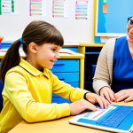 Personalized Learning Environment**

"A dedicated special education teacher, fully clothed and in professional attire, patiently assisting a young student with dyslexia using assistive reading software at a brightly lit desk. The classroom is colorful and supportive, filled with visual aids and learning materials. Safe for work, appropriate content, perfect anatomy, natural proportions, family-friendly, showcasing individualized learning and assistive technology."

**