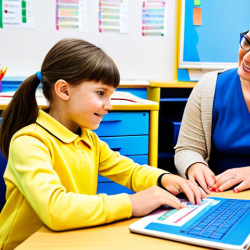 Personalized Learning Environment**

"A dedicated special education teacher, fully clothed and in professional attire, patiently assisting a young student with dyslexia using assistive reading software at a brightly lit desk. The classroom is colorful and supportive, filled with visual aids and learning materials. Safe for work, appropriate content, perfect anatomy, natural proportions, family-friendly, showcasing individualized learning and assistive technology."

**