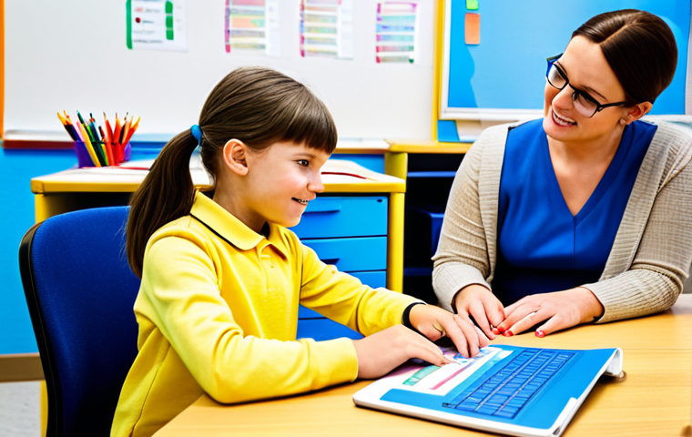 Personalized Learning Environment**

"A dedicated special education teacher, fully clothed and in professional attire, patiently assisting a young student with dyslexia using assistive reading software at a brightly lit desk. The classroom is colorful and supportive, filled with visual aids and learning materials. Safe for work, appropriate content, perfect anatomy, natural proportions, family-friendly, showcasing individualized learning and assistive technology."

**