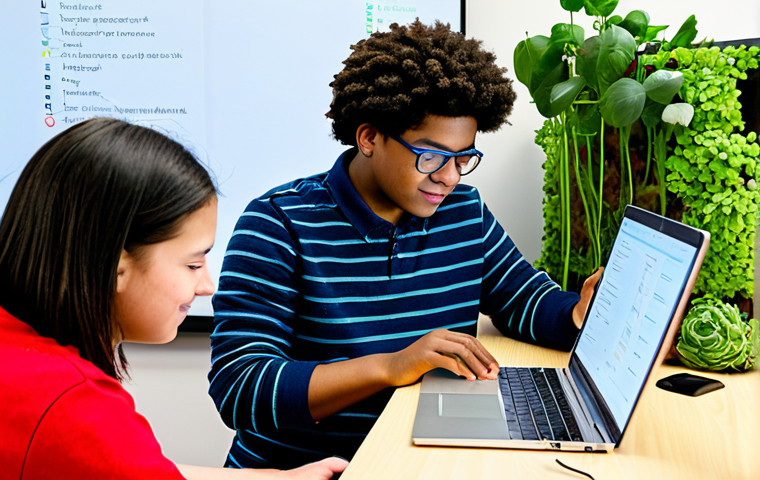 **
"A diverse group of students participating in a collaborative project-based learning activity in a bright, modern classroom. A student with a visual impairment uses a screen reader on a laptop, while others work together on a vertical garden project, demonstrating teamwork and inclusion. The scene showcases universal design for learning principles with accessible materials and varied learning styles. fully clothed, appropriate attire, safe for work, perfect anatomy, natural proportions, family-friendly, professional photography, high quality"
**