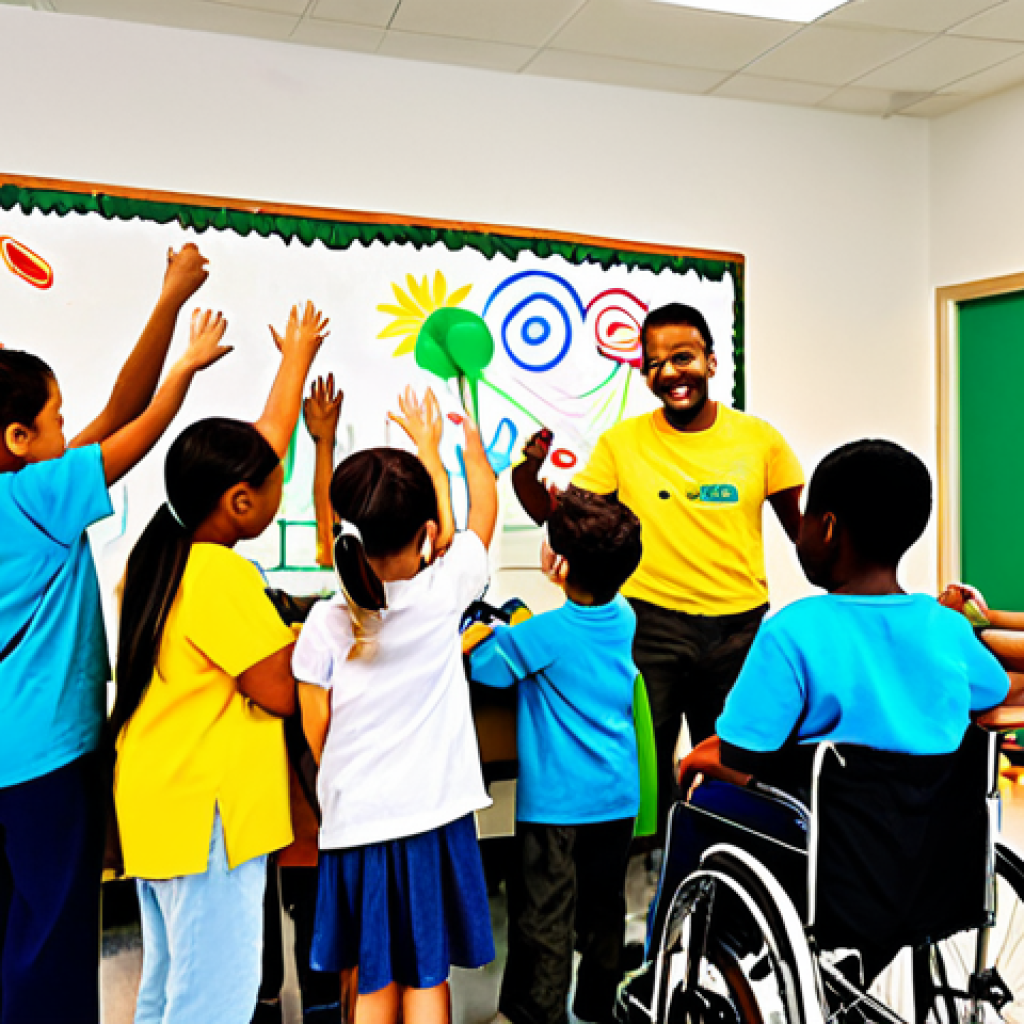 **
A diverse group of fully clothed children with varying abilities are collaboratively painting a large mural in a bright and cheerful classroom. The scene emphasizes teamwork and creative expression. One child is in a wheelchair, participating actively. The atmosphere is positive and encouraging. Safe for work, appropriate content, family-friendly, professional quality, perfect anatomy, natural poses, well-formed hands.
**