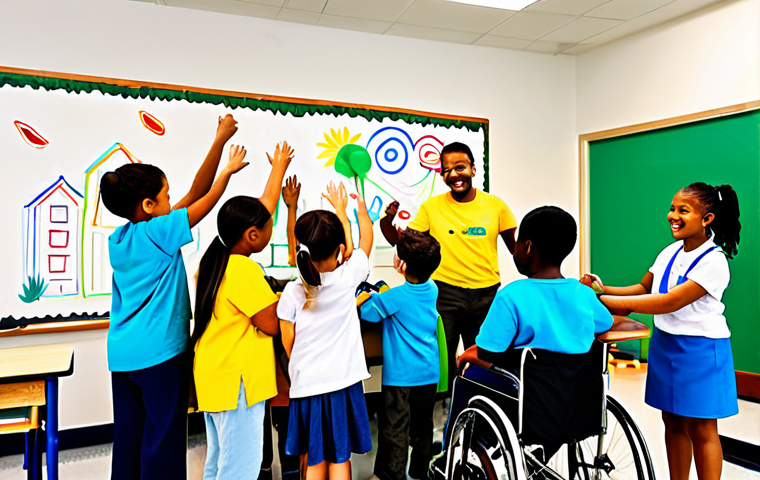 **

A diverse group of fully clothed children with varying abilities are collaboratively painting a large mural in a bright and cheerful classroom. The scene emphasizes teamwork and creative expression. One child is in a wheelchair, participating actively. The atmosphere is positive and encouraging. Safe for work, appropriate content, family-friendly, professional quality, perfect anatomy, natural poses, well-formed hands.

**