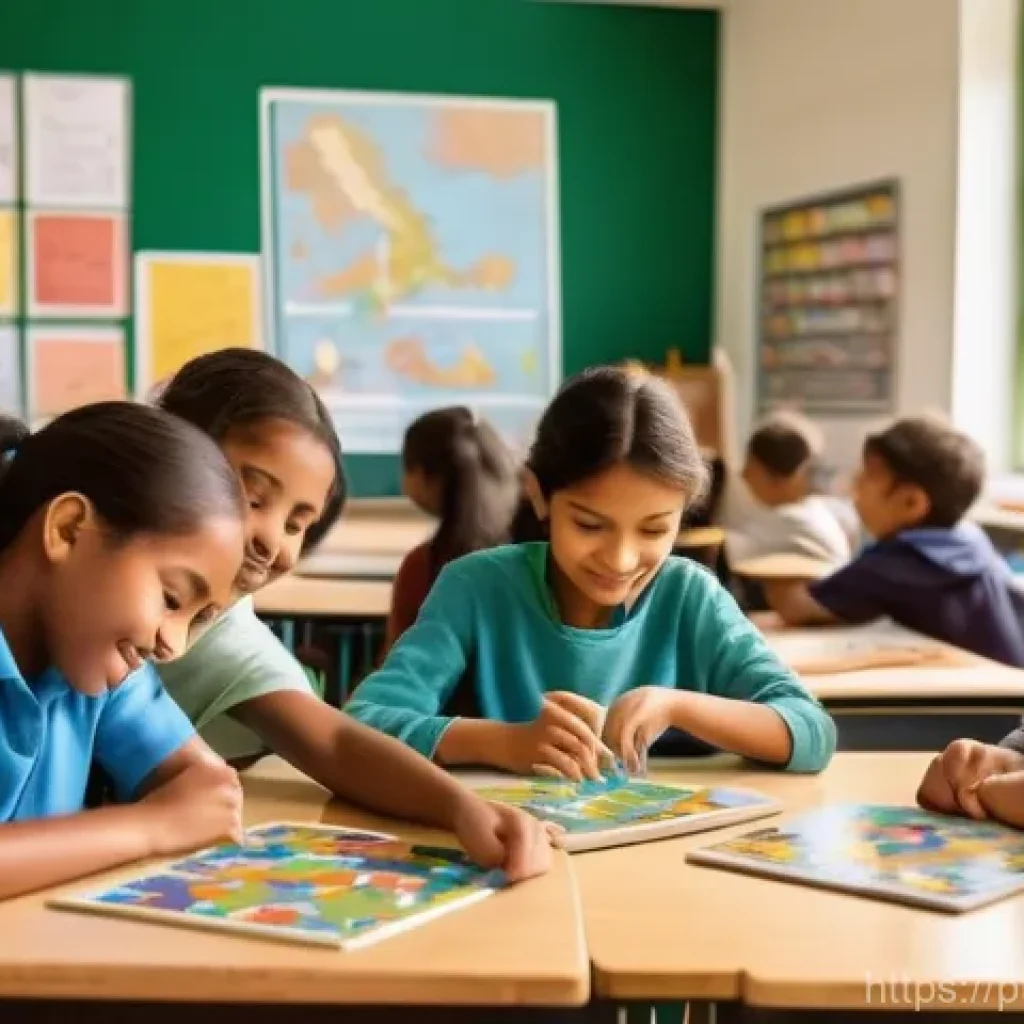 특수교육과 국가별 특수교육 - **Prompt:** A vibrant, sunlit classroom filled with diverse students (boys and girls, various ethnic...