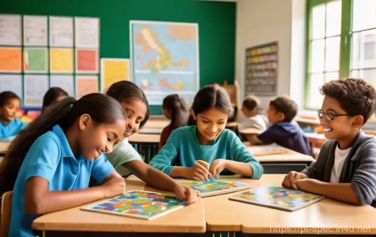 특수교육과 국가별 특수교육 - **Prompt:** A vibrant, sunlit classroom filled with diverse students (boys and girls, various ethnic...