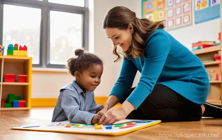 특수교육과 특수학급 운영 - A specialized support classroom with a dedicated male special education teacher, aged around 40, wor...