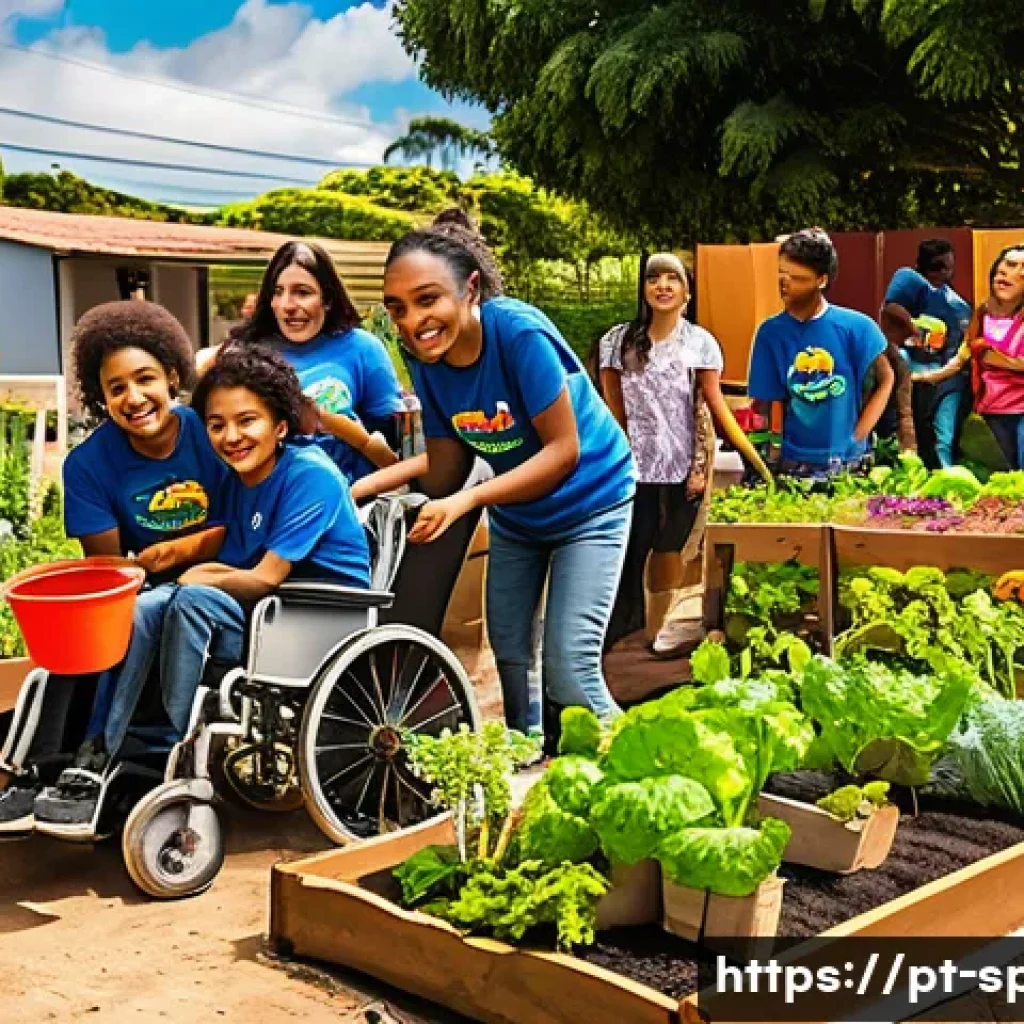 특수교육과 지역사회 연계 - A vibrant community garden scene in a Brazilian neighborhood, featuring diverse children and teenage...