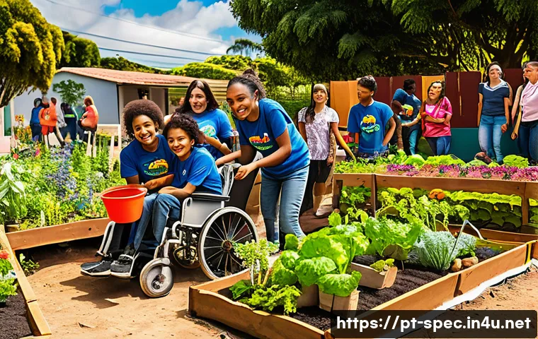 특수교육과 지역사회 연계 - A vibrant community garden scene in a Brazilian neighborhood, featuring diverse children and teenage...