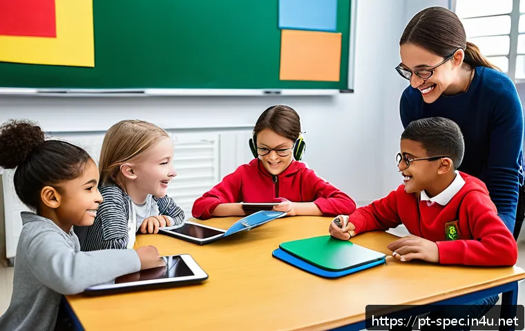특수교육과 문자 해독 교육 - A bright and inclusive classroom scene showing diverse young students with special needs engaged in ...