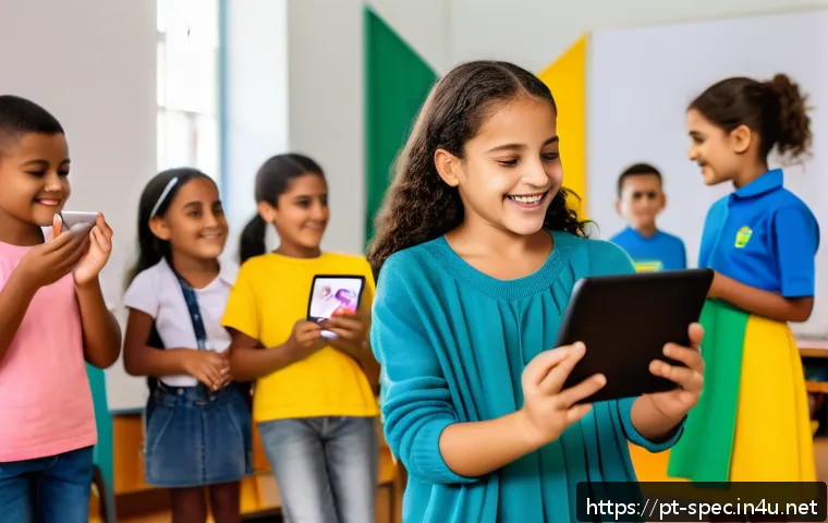 특수교육과 특수교육 앱 개발 - A diverse classroom scene in a modern Brazilian school where children with special needs use digital...