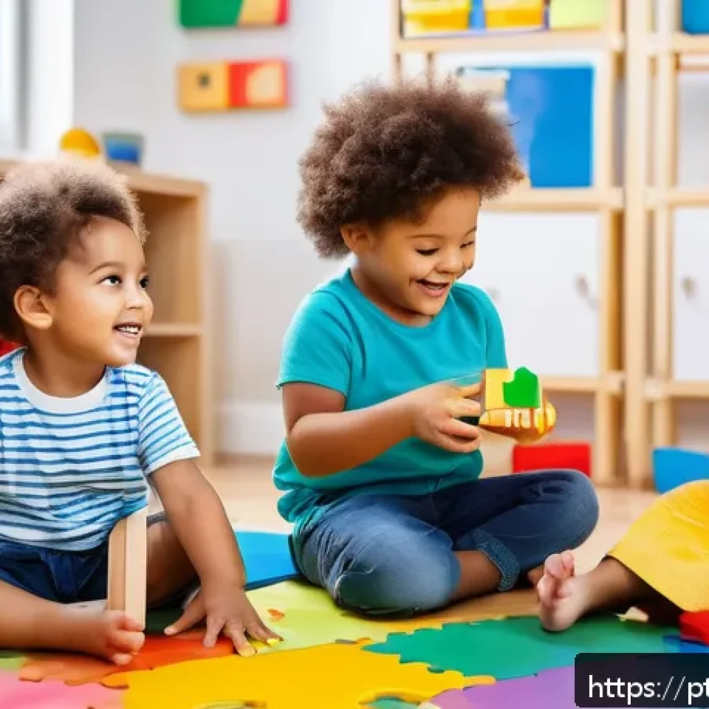 특수교육과 놀이 치료 - A joyful group of diverse children playing together in a bright, colorful indoor playroom designed f...