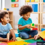 특수교육과 놀이 치료 - A joyful group of diverse children playing together in a bright, colorful indoor playroom designed f...