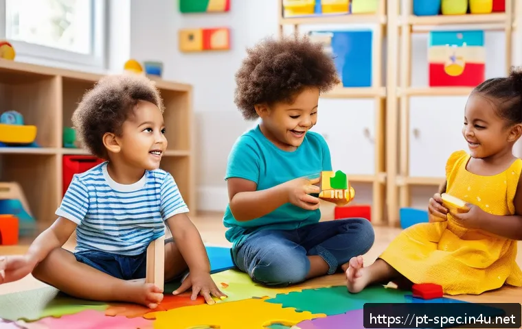특수교육과 놀이 치료 - A joyful group of diverse children playing together in a bright, colorful indoor playroom designed f...