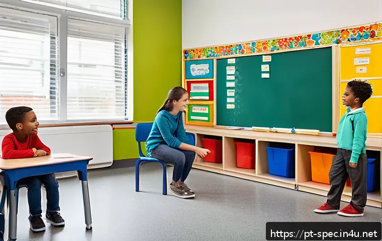 특수교육과 학습 자기 조절 전략 - A bright, inclusive classroom scene featuring diverse young students with special needs engaging wit...