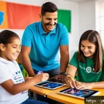 특수교육과 장애인 취업 지원 - A diverse Brazilian special education classroom scene showing a teacher using assistive technology t...