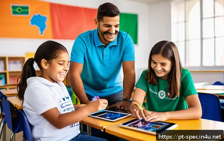 특수교육과 장애인 취업 지원 - A diverse Brazilian special education classroom scene showing a teacher using assistive technology t...